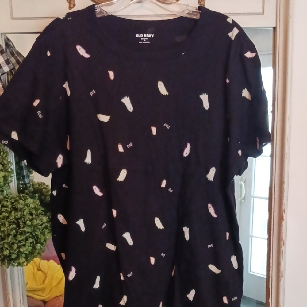 Old Navy Black T-Shirt with Ghosts & Boo Accents XL ⚜️👻⚜️👻⚜️👻⚜️ Adorable!